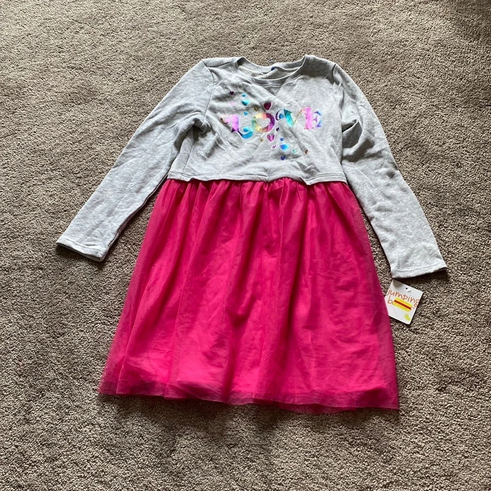 Jumping Beans Gray Pink Tulle Long Sleeve Graphic Dress SIZE 10
